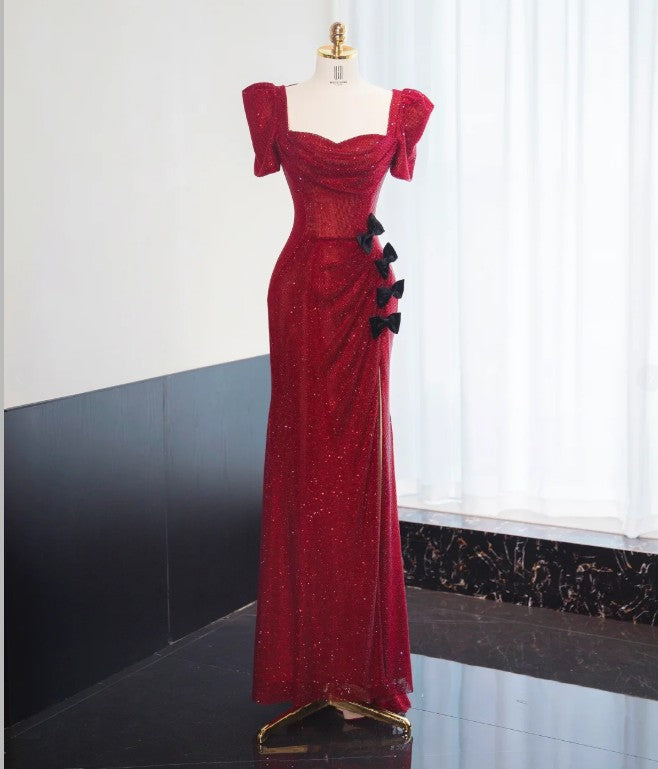 Wunderschönes rotes Chiffon-Etuikleid mit quadratischem Ausschnitt und Pailletten, formelle Abendkleider RF0515