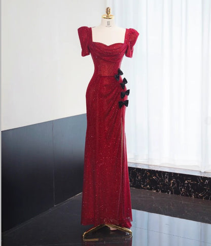 Wunderschönes rotes Chiffon-Etuikleid mit quadratischem Ausschnitt und Pailletten, formelle Abendkleider RF0515