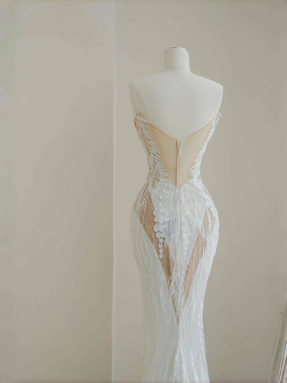 Robe de mariée sirène blanche élégante, bustier, en tulle et perles, avec appliques RF0516