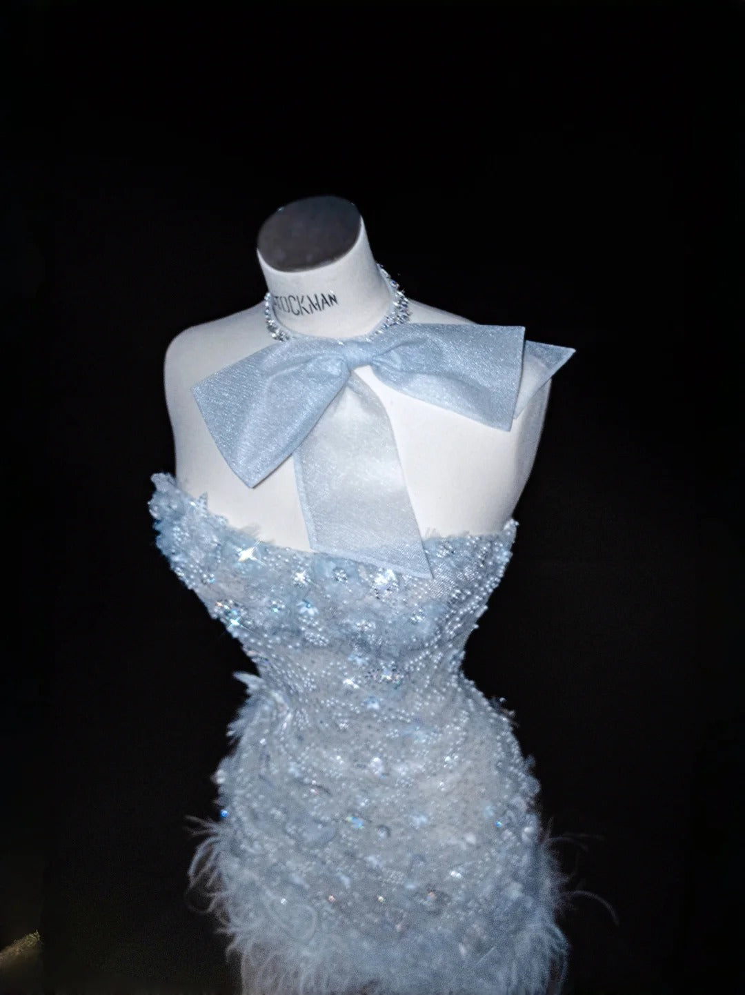Gorgeous Ice Blue Tulle Mermaid Strapless Sequined Long Prom Dresses Formal Evening Gowns RF0517