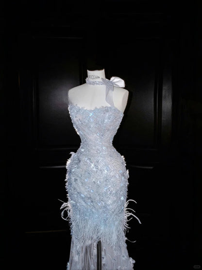 Gorgeous Ice Blue Tulle Mermaid Strapless Sequined Long Prom Dresses Formal Evening Gowns RF0517