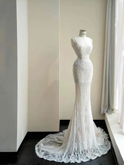 Simple White Spaghetti Straps Lace Mermaid Train Wedding Dress RF0519