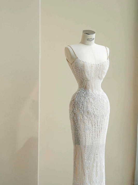 Simple White Spaghetti Straps Lace Mermaid Train Wedding Dress RF0519