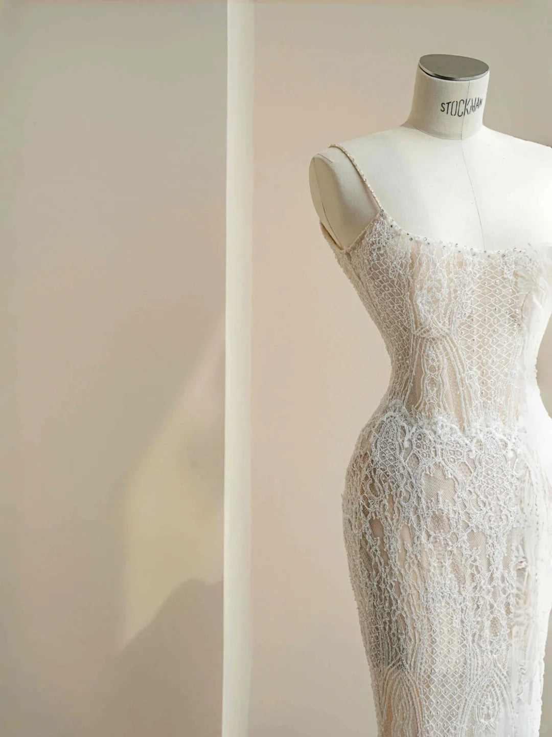 Simple White Spaghetti Straps Lace Mermaid Train Wedding Dress RF0519