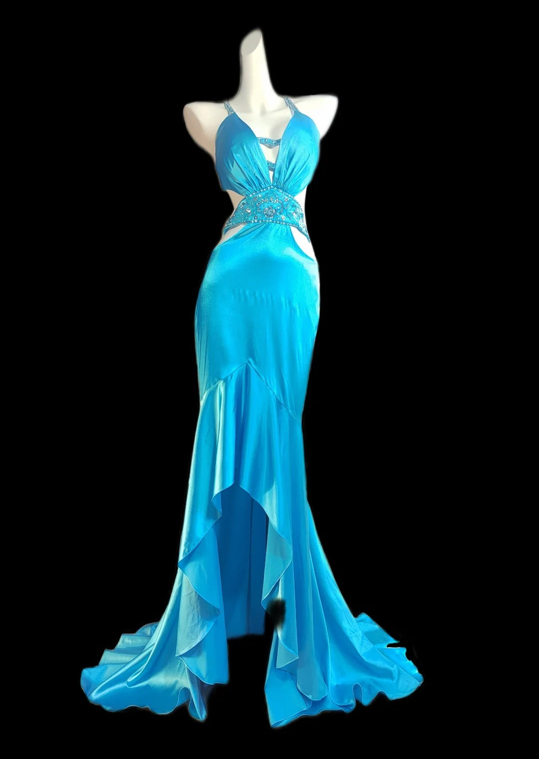Robe de soirée élégante en satin bleu vintage à bretelles spaghetti et dos nu, avec perles et perles, RF0522