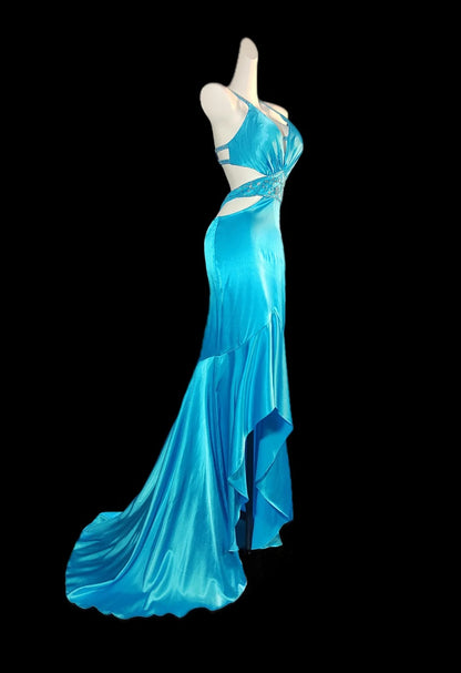 Robe de soirée élégante en satin bleu vintage à bretelles spaghetti et dos nu, avec perles et perles, RF0522