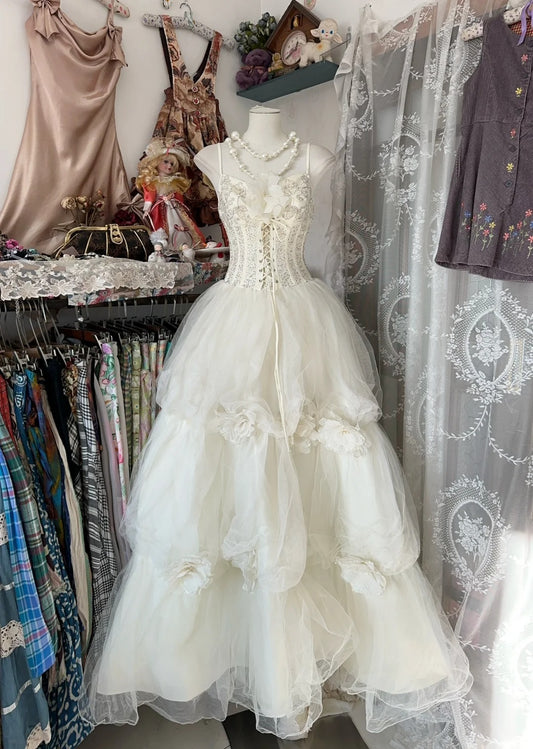 Glam White Spaghetti Strap A-Line Tulle Layered Wedding Dress RF0524