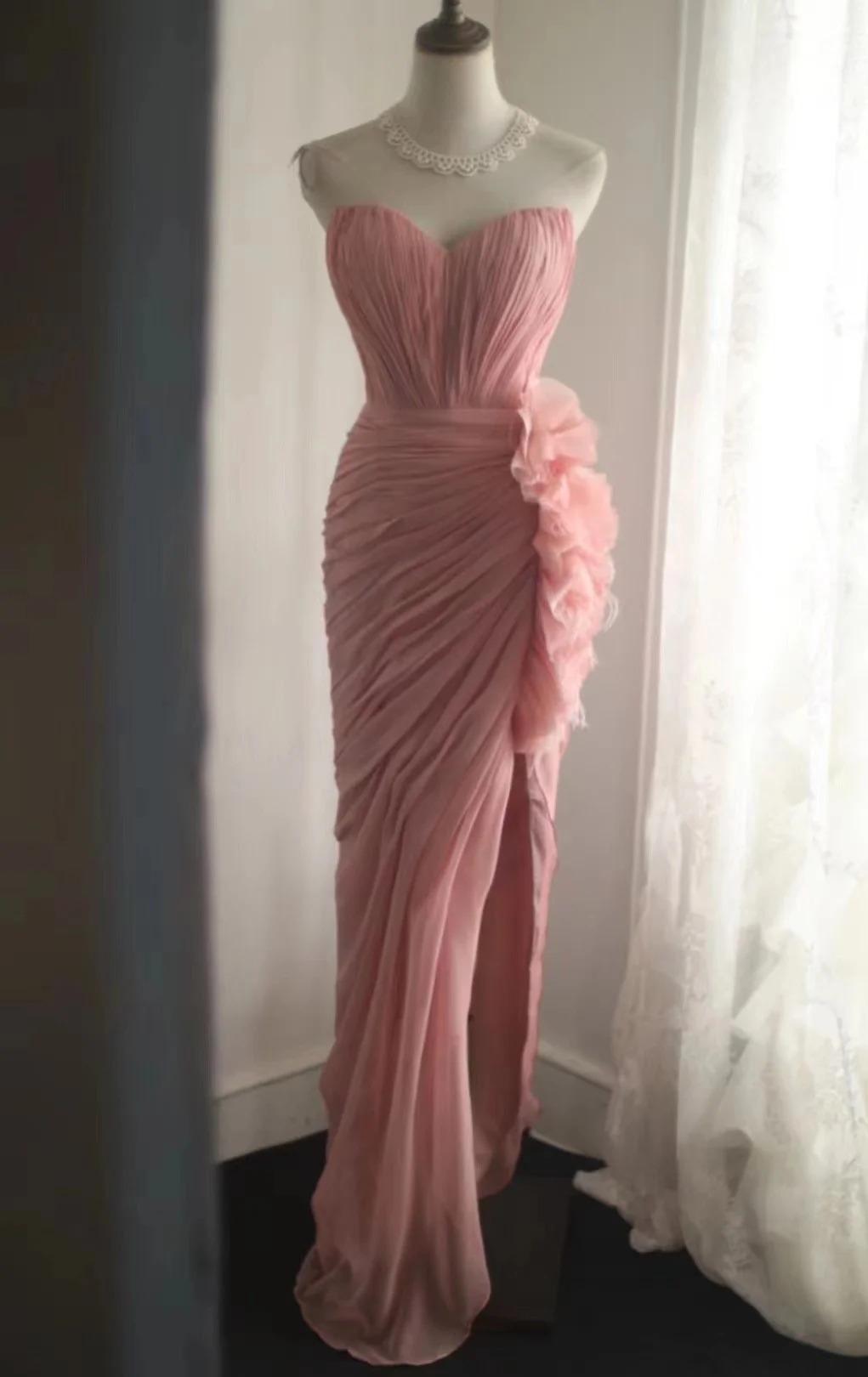 Robe de soirée élégante en mousseline de soie, couleur pêche, sans bretelles, RF0525