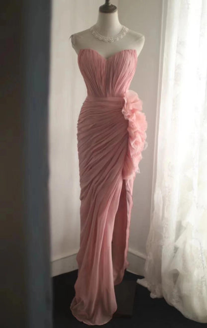 Robe de soirée élégante en mousseline de soie, couleur pêche, sans bretelles, RF0525