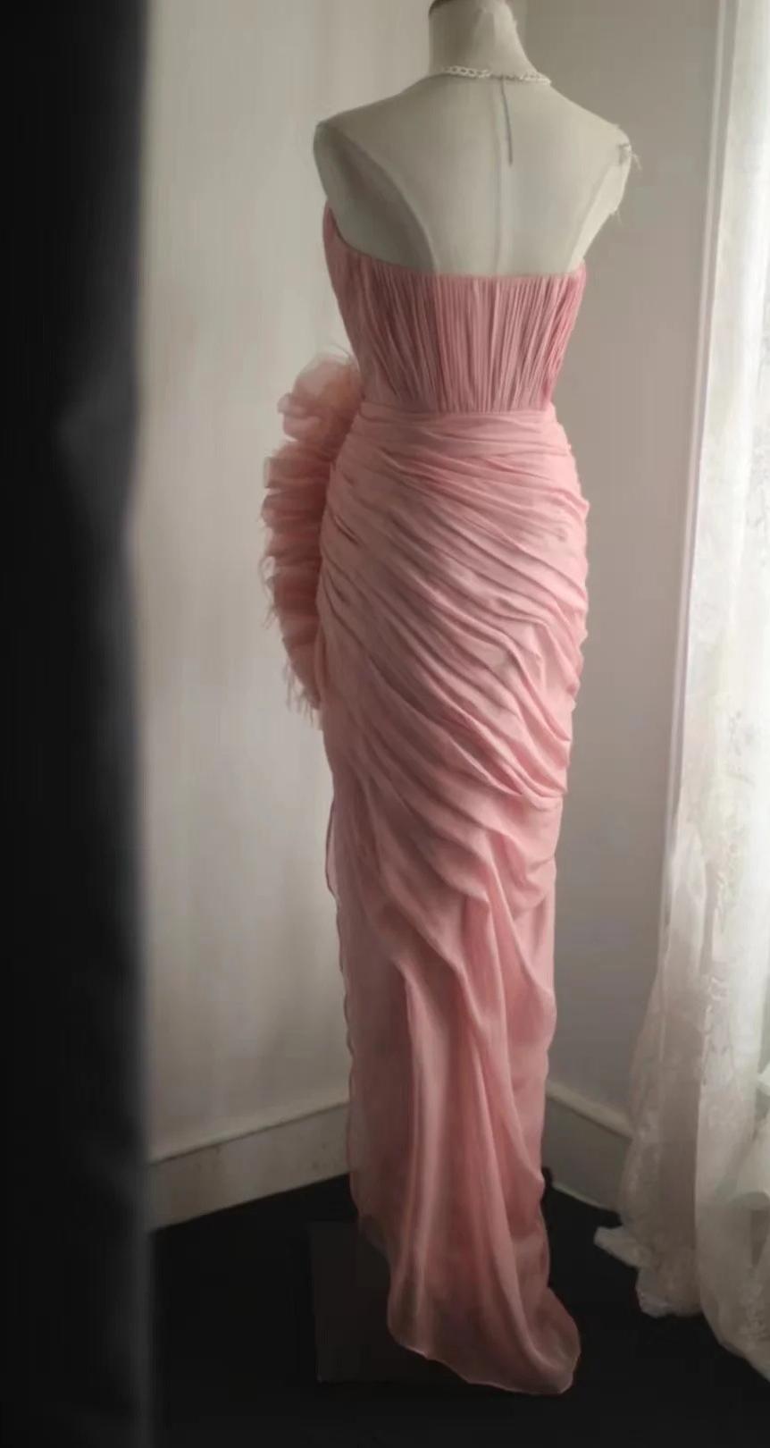 Robe de soirée élégante en mousseline de soie, couleur pêche, sans bretelles, RF0525