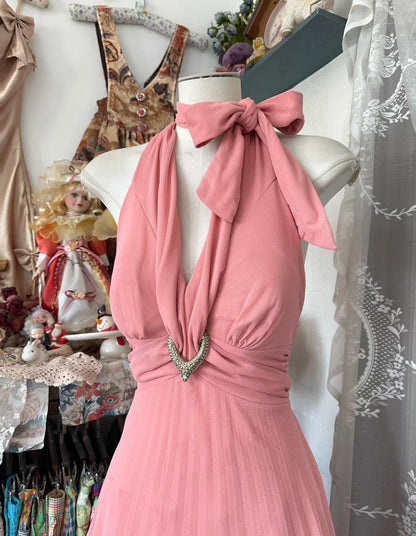 Vintage Pink V-neck Tulle Party Dresses  Backless A-Line Formal Evening Gown RF0526