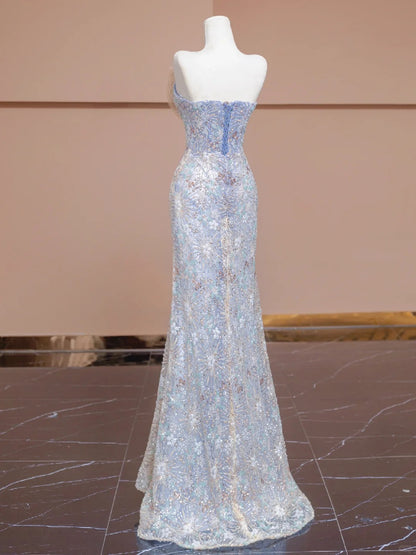 Atemberaubende blaue trägerlose Meerjungfrau-Brautkleider, formelle Abendkleider RF0528