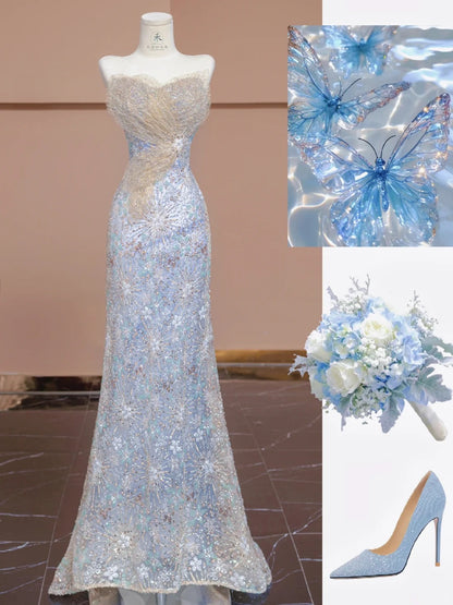 Atemberaubende blaue trägerlose Meerjungfrau-Brautkleider, formelle Abendkleider RF0528
