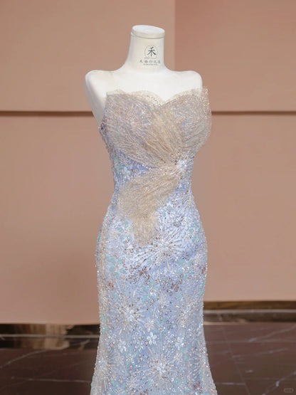 Atemberaubende blaue trägerlose Meerjungfrau-Brautkleider, formelle Abendkleider RF0528