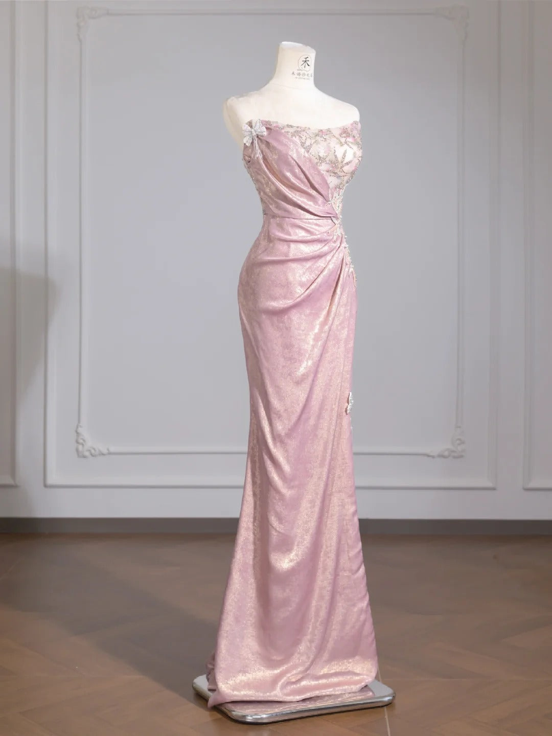 Cute Pink Glitter Satin Mermaid Formal Evening Gowns Strapless Elegant Long Prom Dresses RF0529