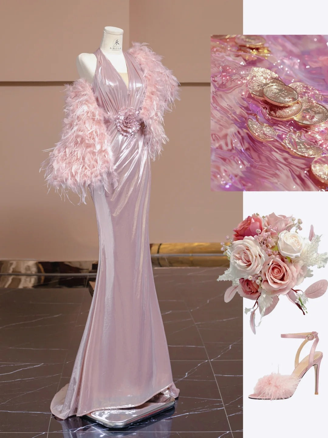 Elegantes rosa V-Ausschnitt Meerjungfrau Satin langes formelles Abendkleid RF0531
