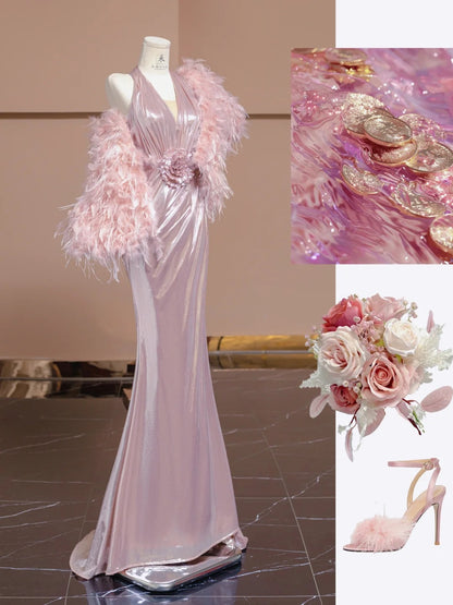 Elegantes rosa V-Ausschnitt Meerjungfrau Satin langes formelles Abendkleid RF0531