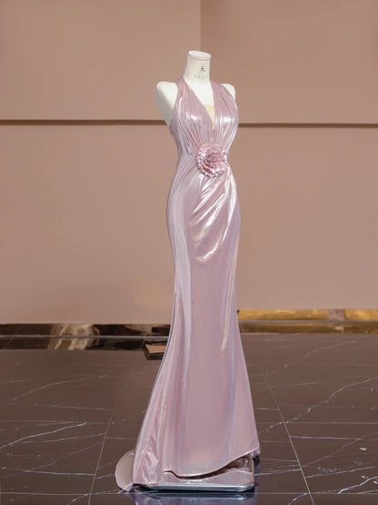 Elegantes rosa V-Ausschnitt Meerjungfrau Satin langes formelles Abendkleid RF0531
