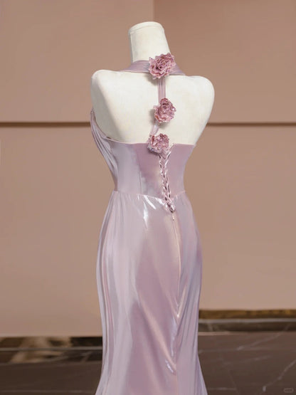 Elegantes rosa V-Ausschnitt Meerjungfrau Satin langes formelles Abendkleid RF0531