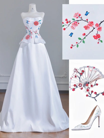 Simple White Strapless Satin Beaded A-line Wedding Dresses  RF0532