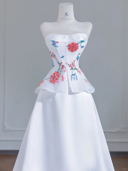 Simple White Strapless Satin Beaded A-line Wedding Dresses  RF0532