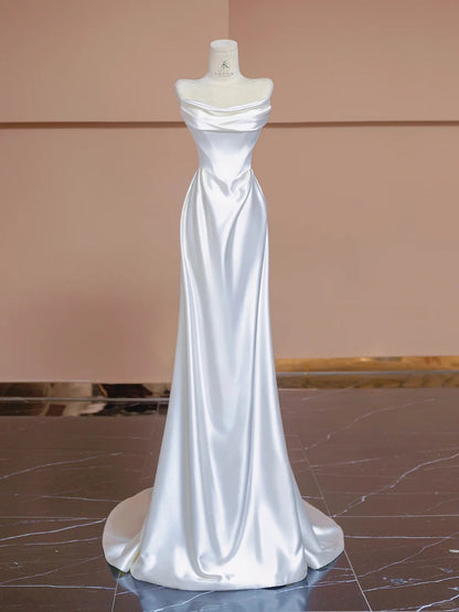Glam White Strapless Mermaid Satin Open Back Wedding Dress  RF0533