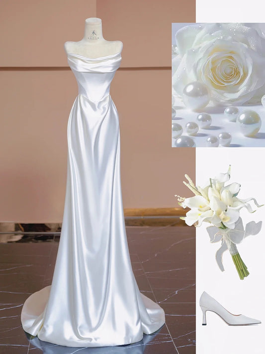 Glam White Strapless Mermaid Satin Open Back Wedding Dress  RF0533