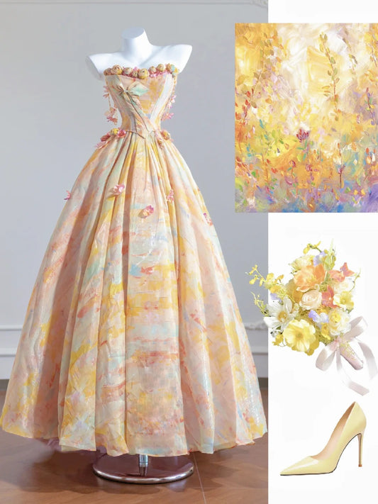Gorgeous Butter Yellow Strapless Satin A-Line Long Prom Dresses Unique Wedding Dresses  RF0535