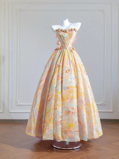 Superbe robe de bal longue en satin jaune beurre, sans bretelles, coupe trapèze, robes de mariée uniques RF0535