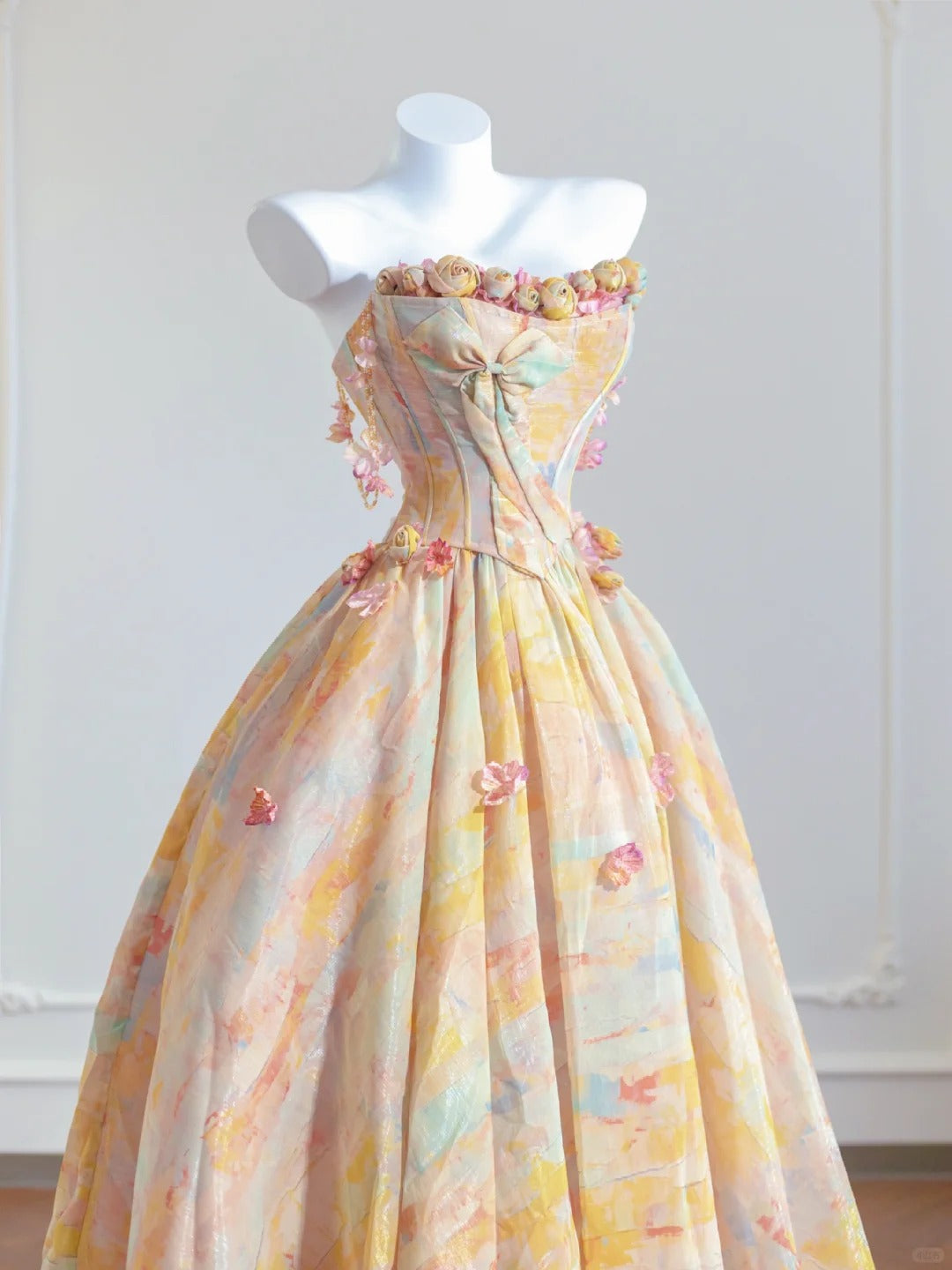 Superbe robe de bal longue en satin jaune beurre, sans bretelles, coupe trapèze, robes de mariée uniques RF0535
