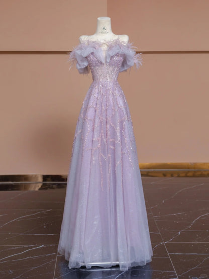 Gorgeous Purple Off-the-shoulder Tulle Sequin Beading A-Line Wedding Dress RF0536