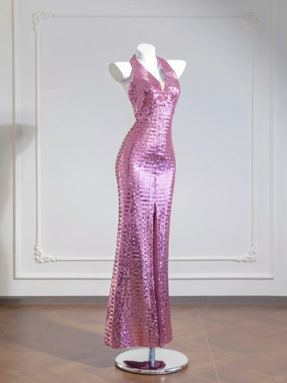Wunderschönes rosa Meerjungfrau-Abendkleid mit V-Ausschnitt und Pailletten, rückenfrei, RF0540