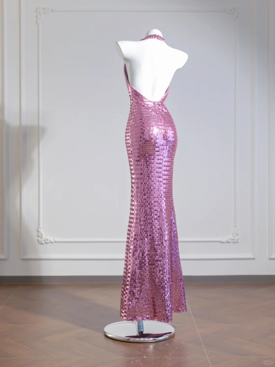 Wunderschönes rosa Meerjungfrau-Abendkleid mit V-Ausschnitt und Pailletten, rückenfrei, RF0540