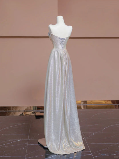 Elegant Silver Glitter Satin Strapless Sheath Wedding Dress RF0541