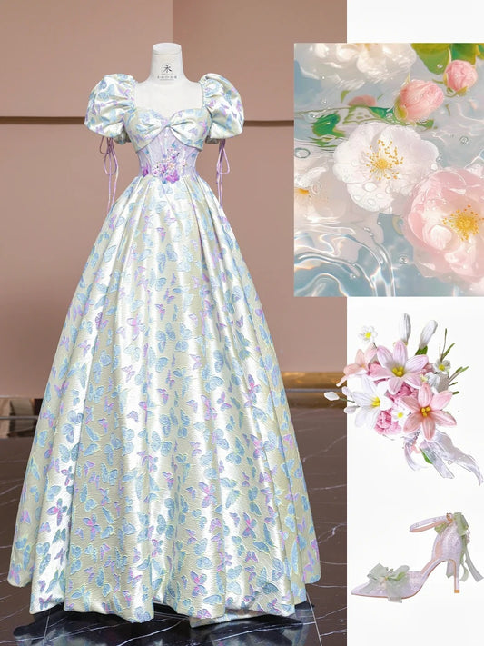 Fairytale Square Neck 3D Butterfly A-Line Satin Princess Prom Dresses RF0542