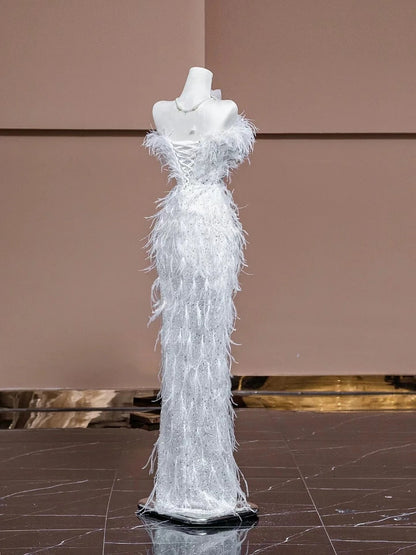 Gorgeous White One Shoulder Tulle Feather Mermaid Wedding Dress Formal Evening Dress RF0543