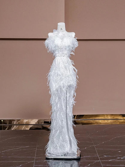 Gorgeous White One Shoulder Tulle Feather Mermaid Wedding Dress Formal Evening Dress RF0543