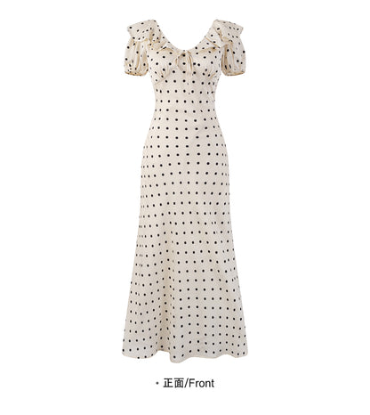 French Temperament Off-white Polka Dot V-neck Dress RF0544