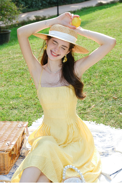 Cute Butter Yellow Spaghetti Strap Open Back A-Line Dress RF0545