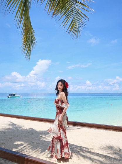 French Off Shoulder Printed Satin Sheath Dress RF0546