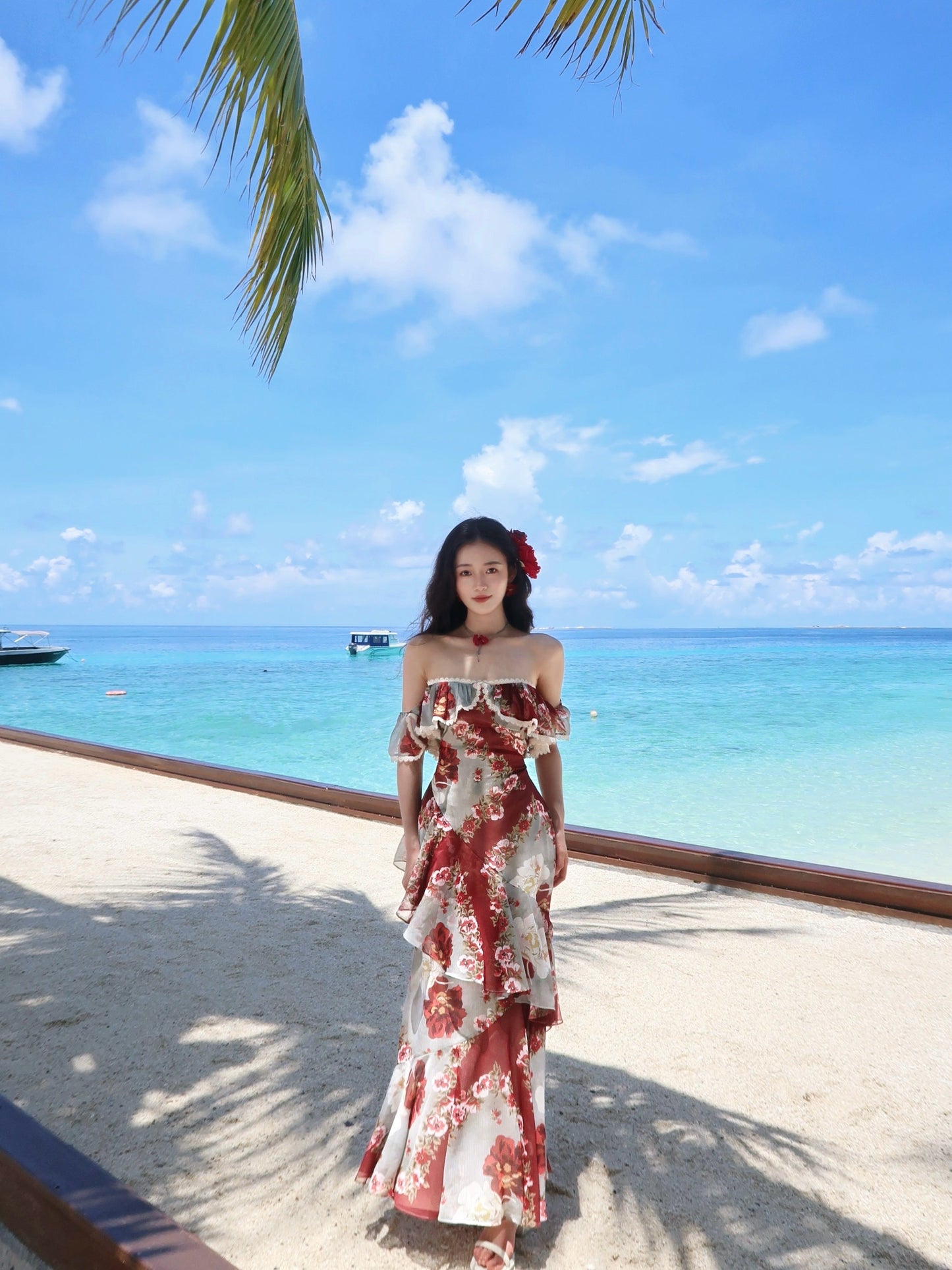 French Off Shoulder Printed Satin Sheath Dress RF0546