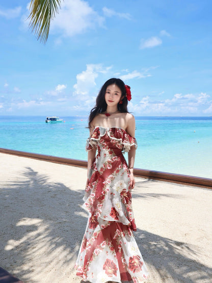 French Off Shoulder Printed Satin Sheath Dress RF0546