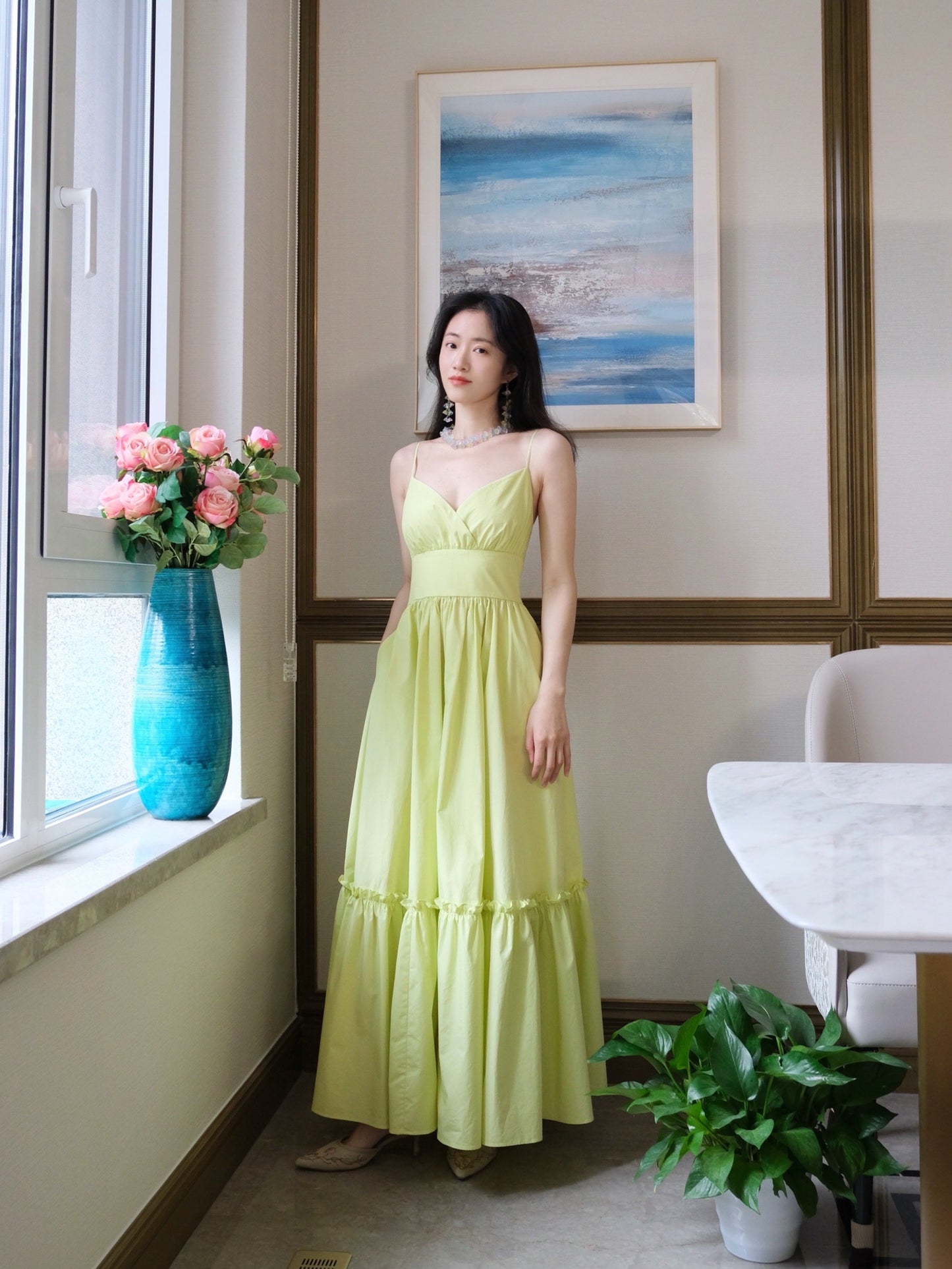 Yellow Spaghetti Strap A-Line Fashion Dress  RF0550