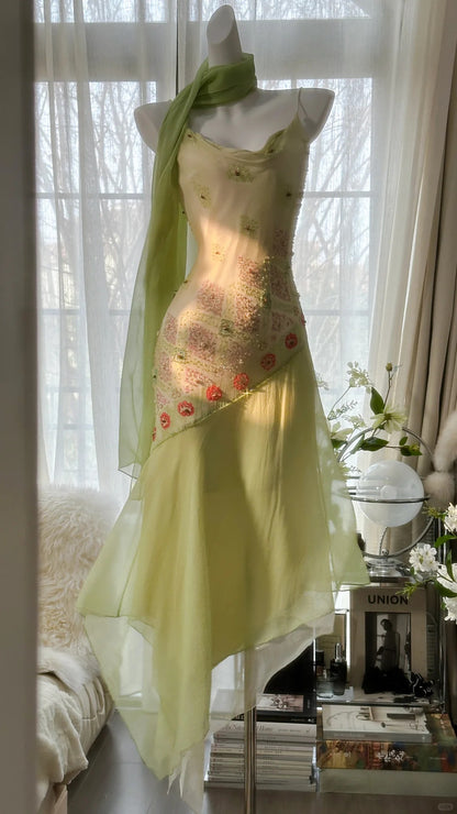 Fairytale Green Spaghetti Straps Vintage Party Dress Sheath Chiffon Beaded Short Prom Dresses  RF0551