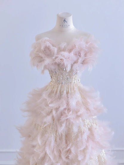 Fairytale Pink Feather A-Line Beaded Wedding Dress Strapless Long Prom Dresses  RF0552