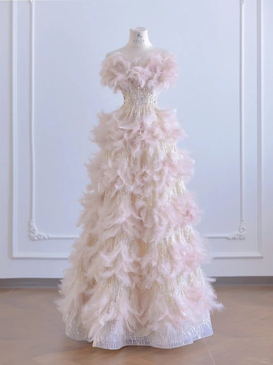 Fairytale Pink Feather A-Line Beaded Wedding Dress Strapless Long Prom Dresses  RF0552