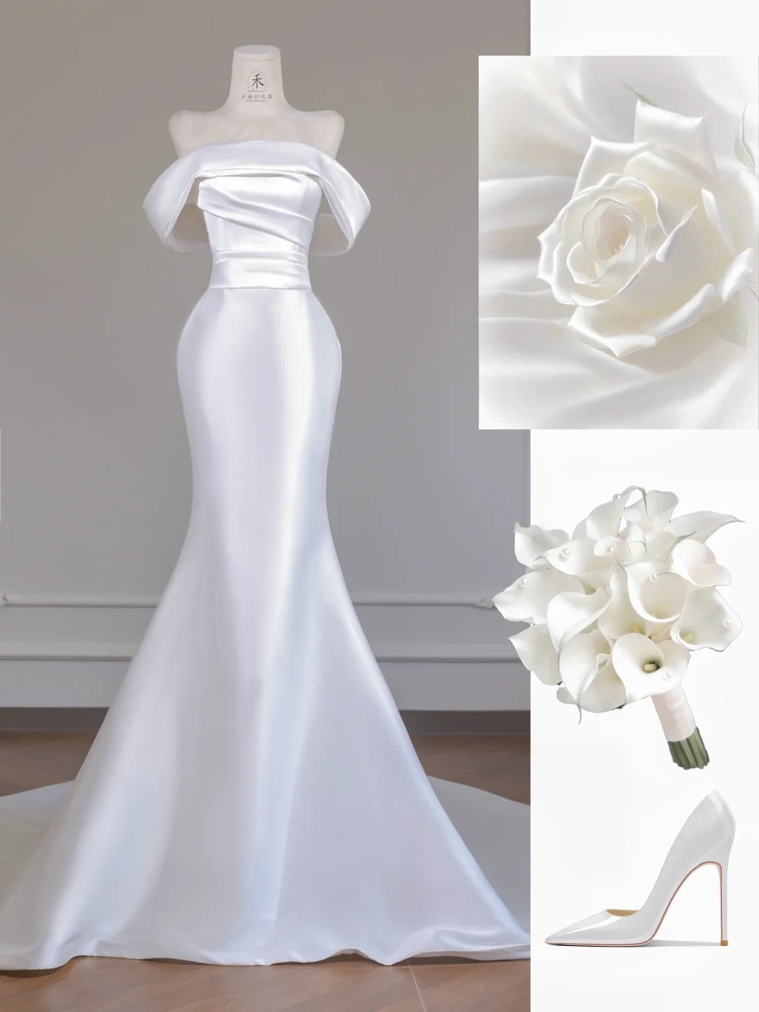 Robe de mariée sirène en satin blanc simple à épaules dénudées et traîne courte RF0553
