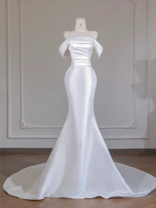 Simple White Off Shoulder Satin Mermaid Train Wedding Dress RF0553