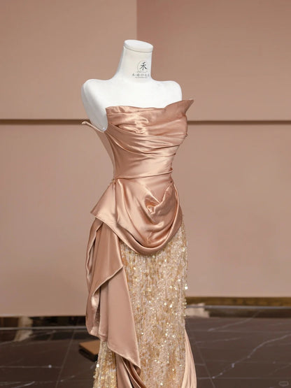 Gorgeous Pastel Orange Strapless Mermaid Satin Sequin Prom Dresses Formal Evening Dress RF0554
