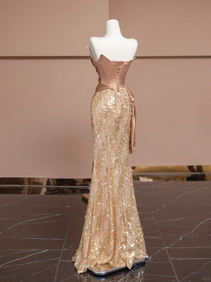 Gorgeous Pastel Orange Strapless Mermaid Satin Sequin Prom Dresses Formal Evening Dress RF0554